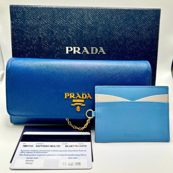 EUC π¦ PRADA Large Navy Blue Saffiano Leather Wallet ID Card Case Gold Chain Box - Picture 1 of 16